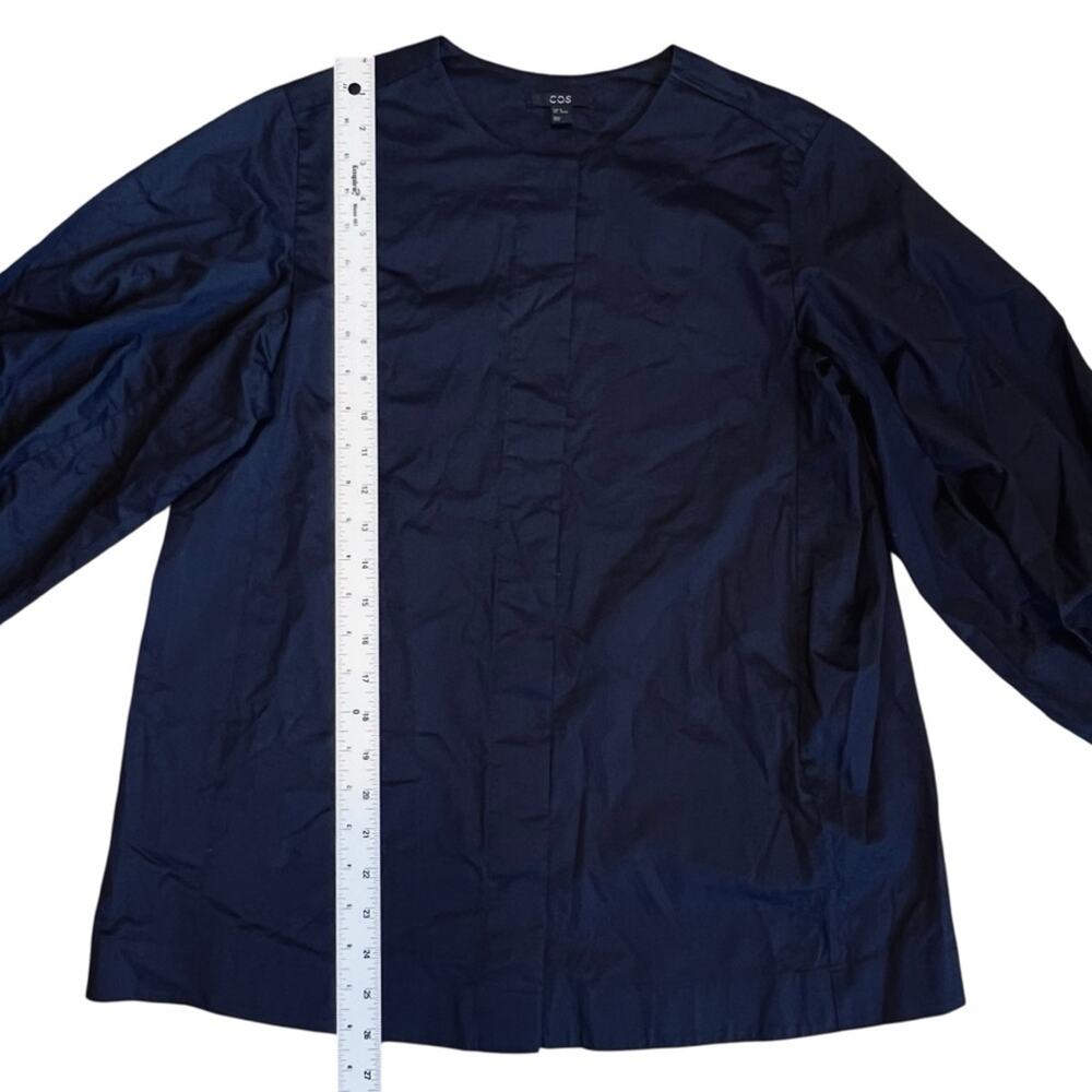 COS Women’s Sz 4 Navy Blue Gathered Puff Sleeve Blouse Stretch Cotton Top - Picture 13 of 15
